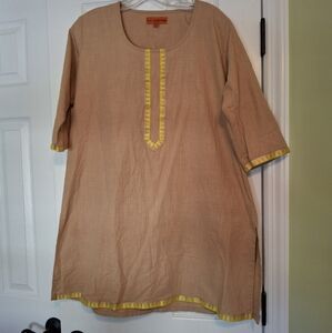 Women's Tan Kurta Top with Yellow And Gold Accents